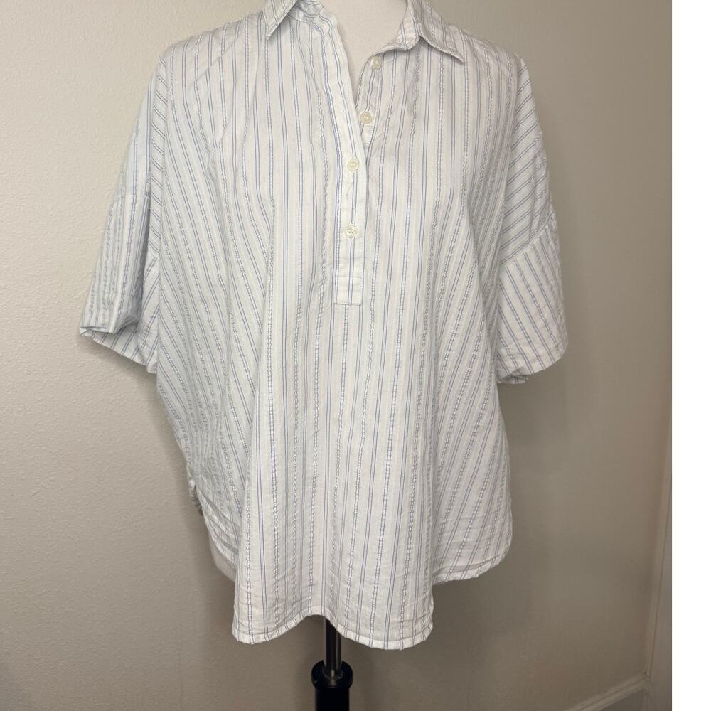LOFT White Blue Stripe 100% Cotton Oversized Button Front Shirt Women Large - Picture 2 of 8